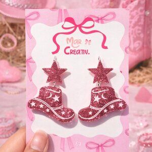 Pink Cowgirl Boot Dangle Earrings Acrylic Western Star Jewelry